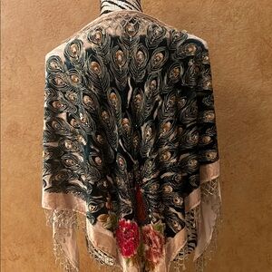 Peacock Feather Embroidered Shawl with Fringe
